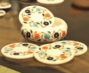 Marble Coaster Set Hakik Flower Inlay Work Mosaic Collectible Christmas Gifts