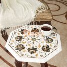 Marble Table Top Coffee Table With Wooden Black Mother of Pearls Floral Design