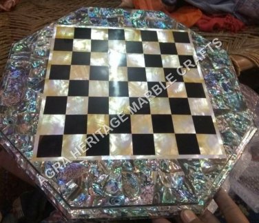 24" Marble Chess Outdoor Table Top Pauashell Inlay Stone Precious Decor E760A
