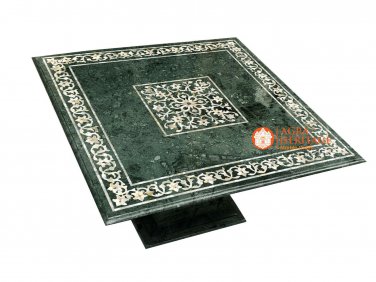 Green Marble Coffee Table Top Mother of Pearl Precious Inlay With Base H4040A