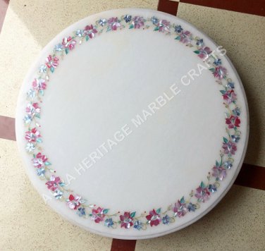 24" White Marble Round Coffee Cafe Table Top Precious Pink Stone Home Decor E751