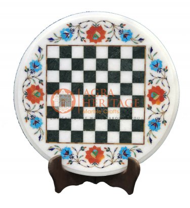 12" Round Marble Chess Play Table Top Turquoise Hakik Floral Inlay Decor E125