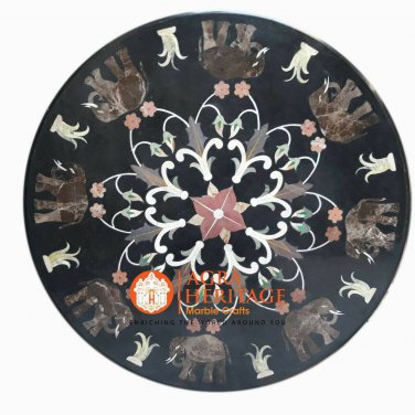 24" Black Round Marble Coffee Patio Table Top Marquetry Inlay Elephant Art H5675