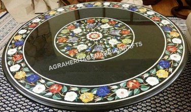 24" Round Black Marble Coffee Corner Table Top Mosaic Floral Inlay Decor H4323