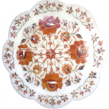 12" Marble White Slab Plate Hakik Stone Mosaic Inlay Work Art Kitchen Decor Gift