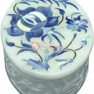 3"x2" White Round Jewelry Lidded Box Alabaster Stone Floral Art Veterans Gift