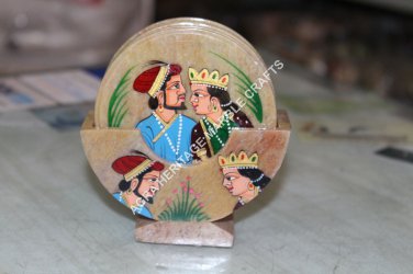 Hand Painted Marble Round Coffee Tea Coaster Set Mughal Design Home Decor H5715