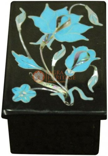 1.5"x2" Black Jewelry Storage Box Turquoise Floras Pietradura Art Christmas Gift