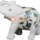 2.5" Marble Inlaid Trunk Up Elephant Statue Pauashell Floral Fine Veterans Gifts