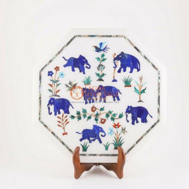 15"x15" Marble White Top Nesting Table Elephant Lapis Inlaid Art Garden Decor