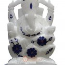 6" Marble Idol Ganesha Ji Sculpture Lapis Inlaid Floral Design Housewarming Gift