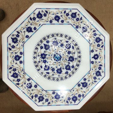 15" Marble White Coffee Outdoor Table Top Lapis Lauli Inlay Living Decor H4738A