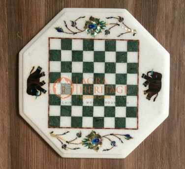 12" White Marble Chess Top Custom Table Malachite Elephant Art Columbus Gift Art