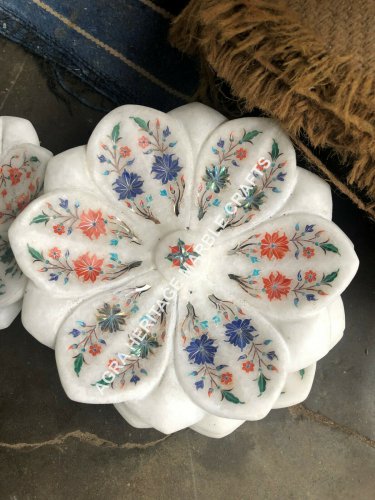 9" White Marble Fruit Serving Bowl Marquetry Multi Inlay Art Kitchen Decor E1153