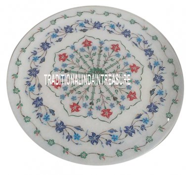 12" Marble Round Tray Plate Lapis Inlay Mosaic Gemstone Thanks Giving Decor Gift