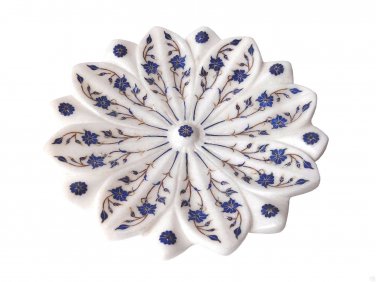 White Marble Fruit Bowl Fine Lapis Lazuli Marquetry Floral Inlay Arts Home Decor
