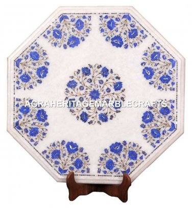 Marble Coffee Corner Table Top Lapis Lazuli Floral Inlay Hallway Decor H1694