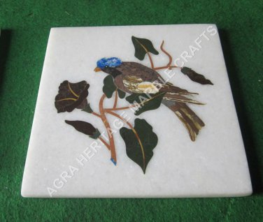 15" White Top Marble End Coffee Console Top Table Bird Marquetry Inlaid H4681A