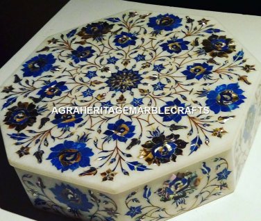 8" Marble Jewelry Storage Box Lapis Lazuli Inlay Stone Floral Gift Decor M061