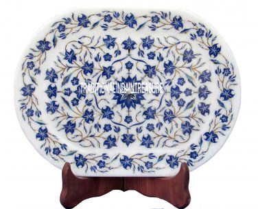 9"x12" White Marble Slab Tray Fine Lapis Lazul Inlay Floral Beautiful Love Gifts