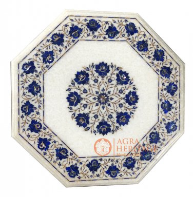 18" Marble Bedroom Table Top Lapis Lazuli Inlay Stone Home Furniutre Decor E141