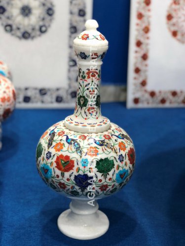 15" Marble Flower Vase Peacock Multi Floral Marquetry Inlay Occasional Gift E194