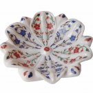 White Marble Fruit Bowl Fine Gemstone Inlay Lapis Marquetry Art Table Decor Gift