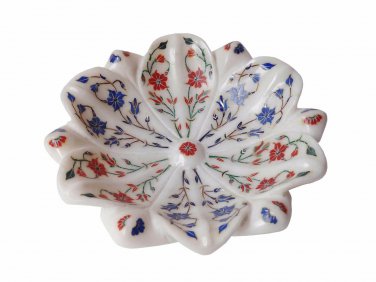 White Marble Fruit Bowl Fine Gemstone Inlay Lapis Marquetry Art Table Decor Gift