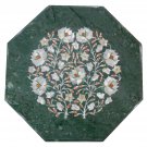 18" Green Marble Coffee Table Top Mother of Pearl Inlay With Wooden Stand Decor