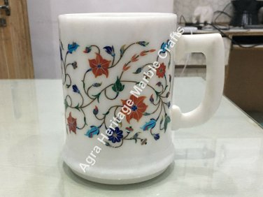 6" Tall White Marble Beer Mug Glass Rara Inlay Semi Precious Stones Marquetry
