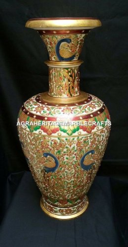 15" Creative Gold Handpainted Marble Flower Decorative Vase Peacock Arts H4168