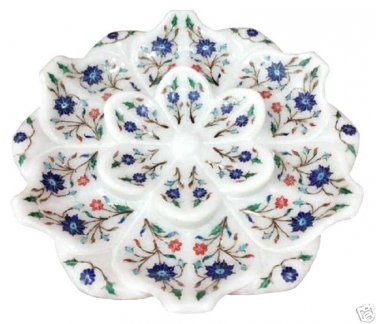 7" White Marble Dry Fruit Bowl Gemstone Lapis Lazuli Inlay Handicraft Art Decor