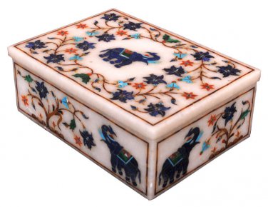 4"x3"x2" Marble Jewelry Storage Box Marquetry Lapis Lazuli Elephant Decorative