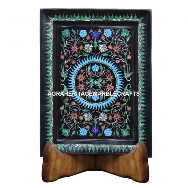12"x9" Black Marble Tray Malachite With Turquoise Inlay Collectible Decor E92
