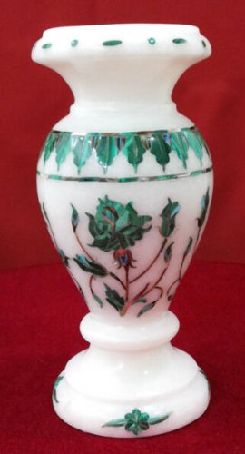 6" White Marble Flower Vase Jar Malachite Inlay Floral Collectible Gift Art