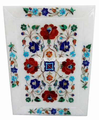 14"x10" White Marble Serving Tray Carnelian Lapis Multi Inlay Floral Gift Decor