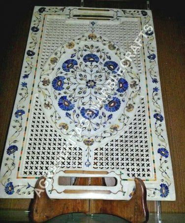 16"x10" White Filigree Marble Serving Dish Tray Lapis Inlay Marquetry Gift E1098