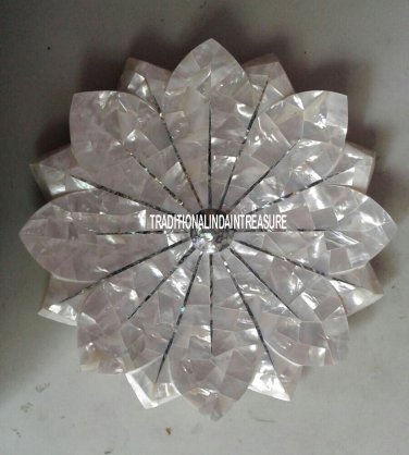 12" Lotus Shaped Marble Fruit Bowl Mother of Pearl Inlay Precious Stone Decor