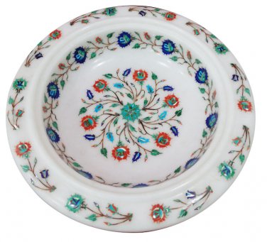 10" White Marble Dry Fruit Bowl Lapis Multi Floral Inlay Kitchen Home Decor Art