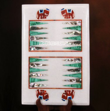 Marble Backgammon Table Pauashell Malachite Carnelian Elephant Inlay Decor H3694