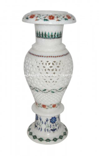 Marble Flower Vase Real Gemtone Mosaic Floral Inlay Pietradura Decor Gifts H1371