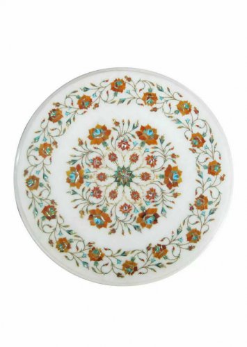 24"x24" White Round Marble Coffee Table Top Inlay Top