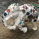8" White Marble Elephant Sculpture Marquetry Floral Inlay Design Home Decor E879