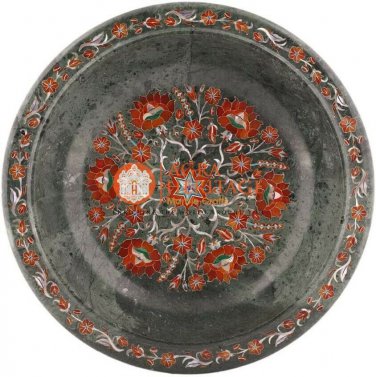 12" Marble Black Fruit Bowl Carnelian Marquetry Floral Art New Year Eve Gifts