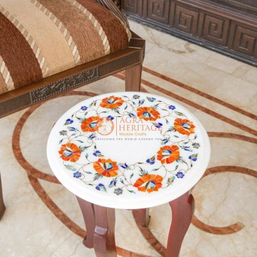 13"x13" Marble White Top nesting Table Carnelian Maruqtery Floral Design Decor