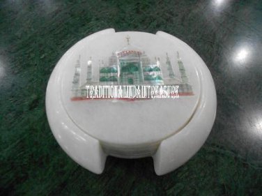 Marble White Tea Coaster Rare Tajmahal Marquetry Work Inlay Art Table Decor Gift