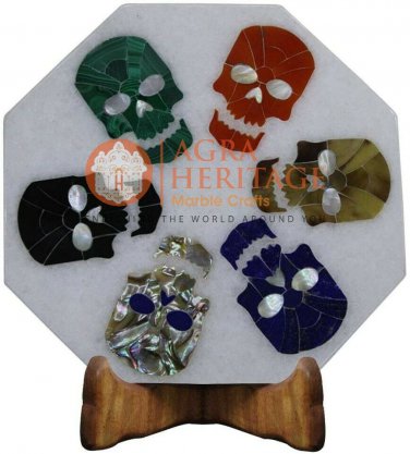 6" Marble White Wall Decor Tile Multi Stone Skull Design Inlaid Christmas Gifts