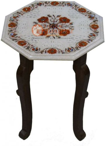 12" Marble Top Coffee Table With 15" Tall Carnelian Maqrutery Floral Art Decor