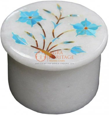 2"x2" White Handmade Ring Trinket Box Marquetry Turquoise Inlaid Veterans Gifts