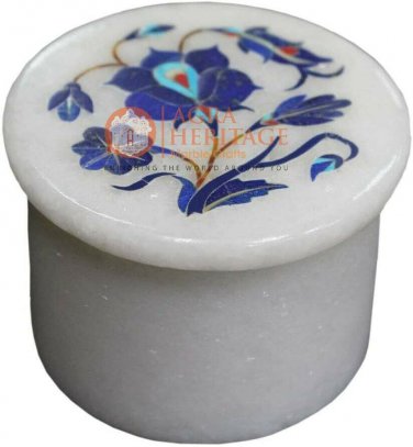 2"x2" Marble White Top Ring Storage Box Lapis Marquetry Floral Christmas Gifts
